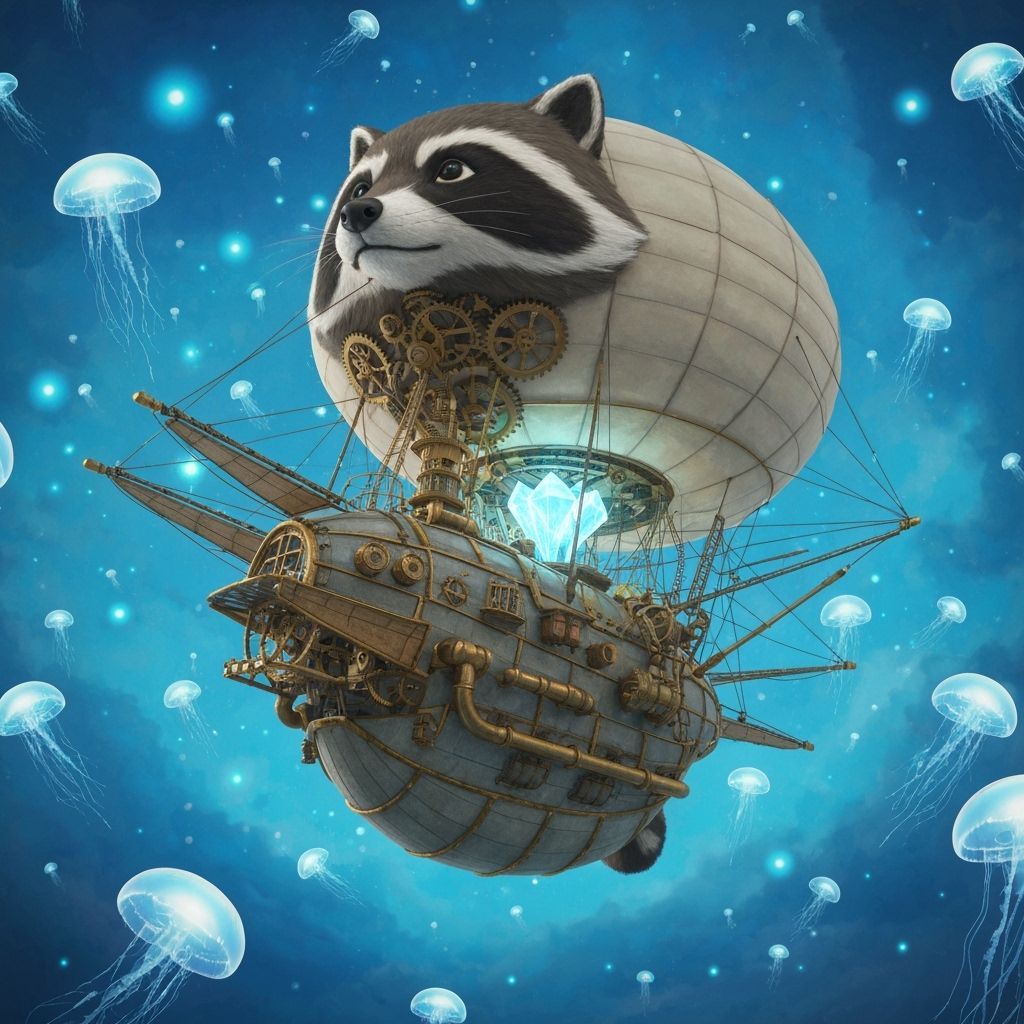 Steampunk Raccoon Airship Soaring in Bioluminescent Sky