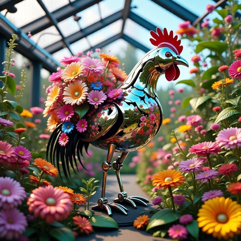 Chrome Flower Robot Chicken in Greenhouse