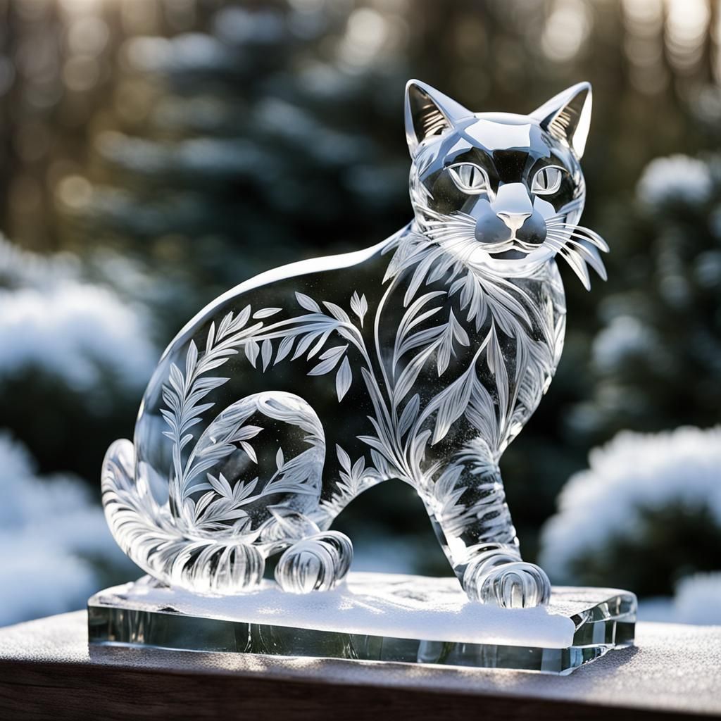 Elegant Ice Sculpture of a Cat