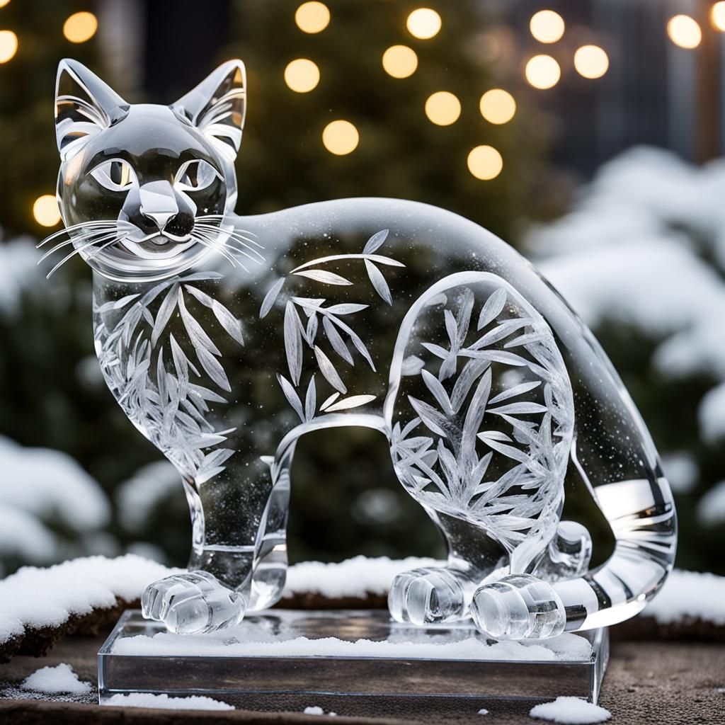 Elegant Ice Sculpture of a Cat in Snow