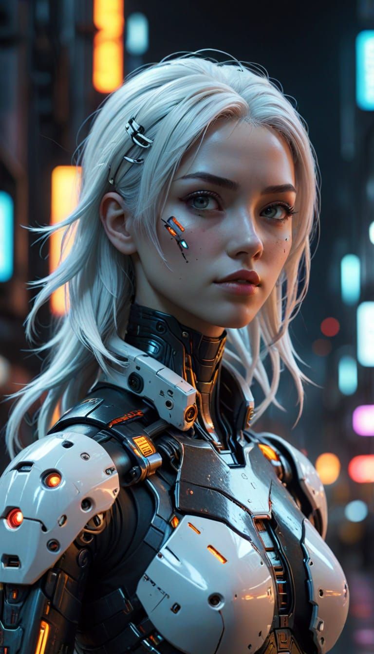 Cyberpunk Android in Futuristic Cityscape