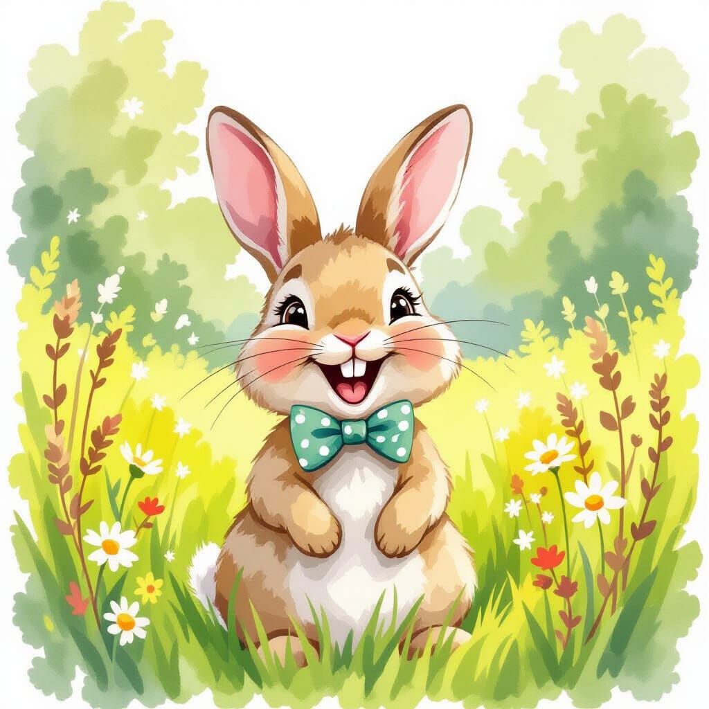 Joyful Bunny in Meadow, Watercolor Illustration