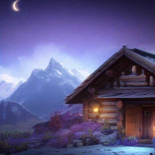 Peaceful Mountain Village Under Starry Night Sky