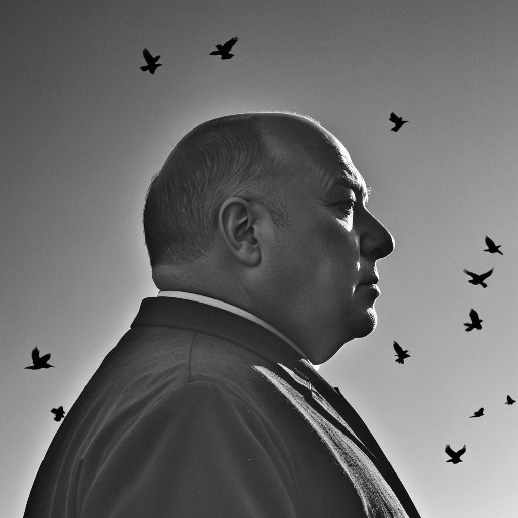 Hitchcock Silhouette with Birds in Black and White