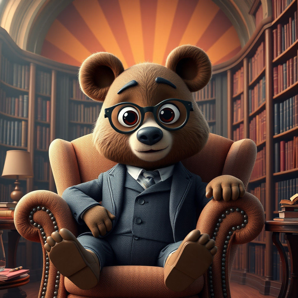 Cartoon Bear Lounging in Library as 3D Digital Art