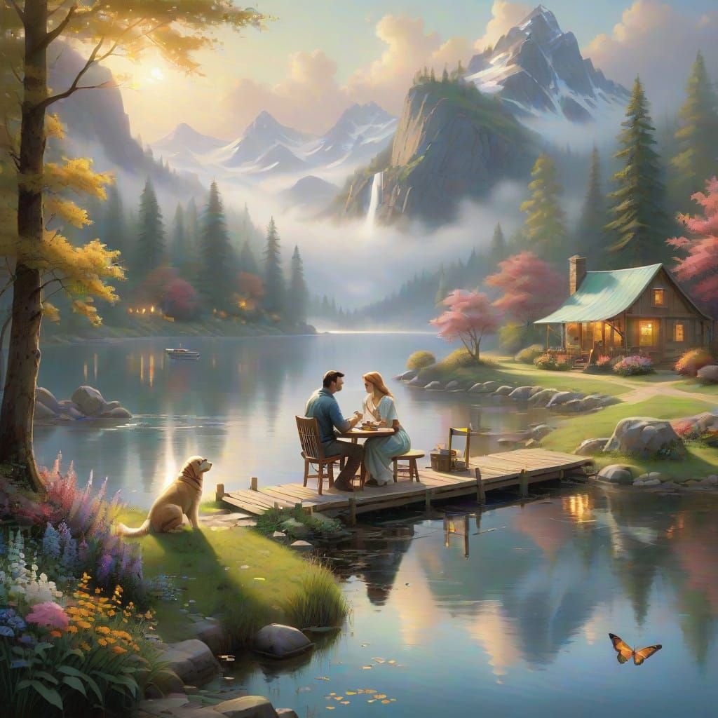 Couple's Serene Mountain Lake Campsite Morning