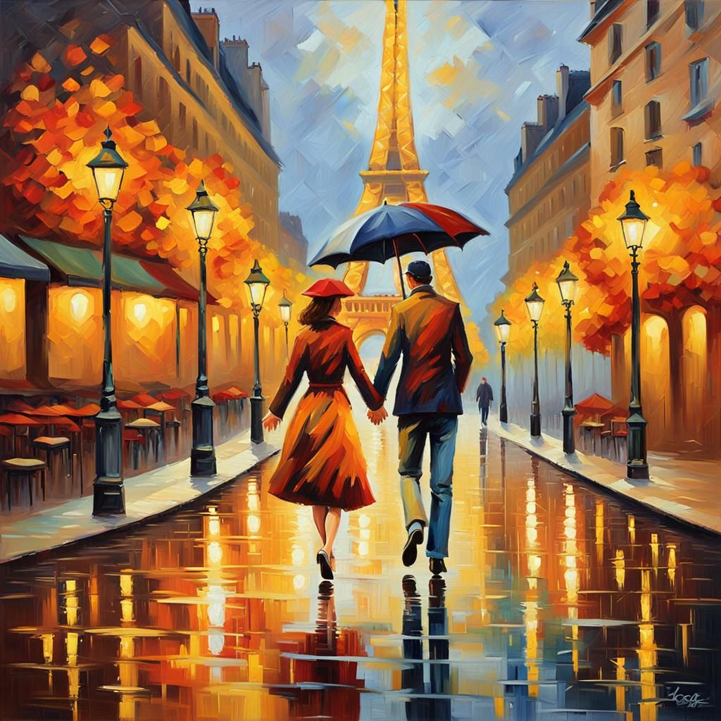 Romantic Couple in Paris as Impressionist Oil Painting
