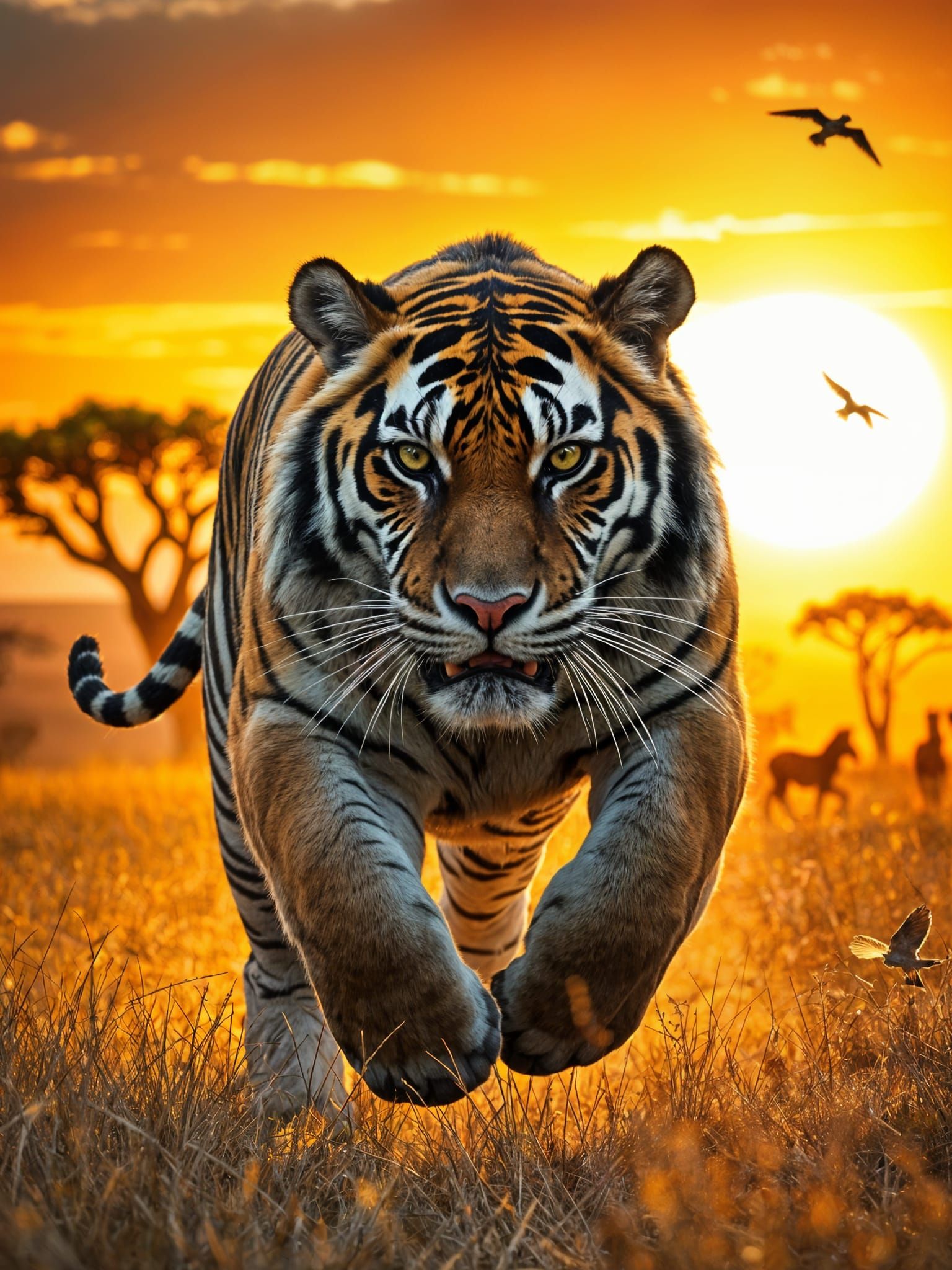 Tiger Charges Through Savanna at Golden Hour