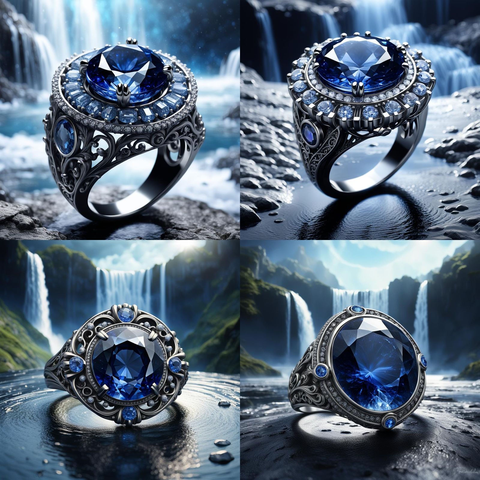 Sapphire Ring with Waterfall and Universe Center