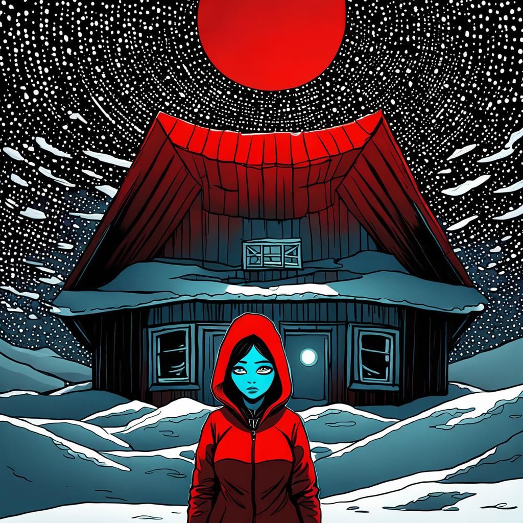 Arctic Cabin at Midnight Sun with Inuit Woman