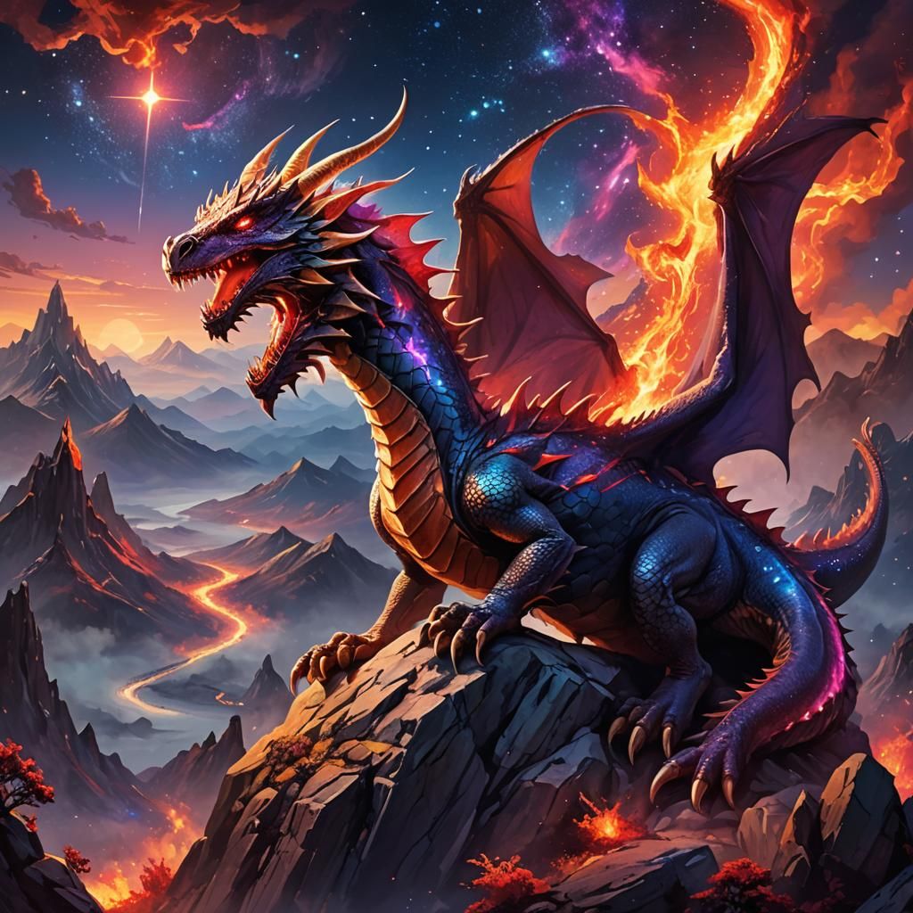 Beheaded Dragon Under a Cosmic Star: Fantasy Art