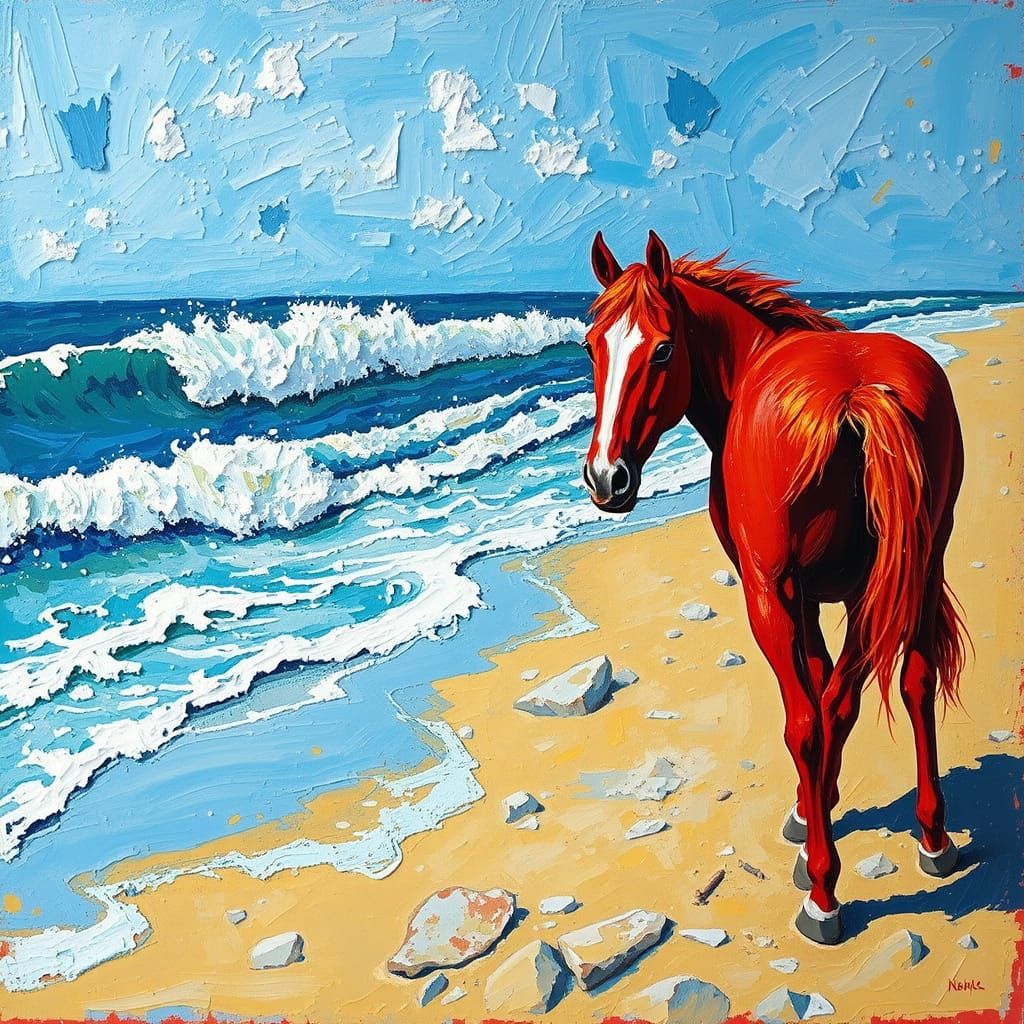 Vibrant Red Horse on Beach Gazing at Sea Waves