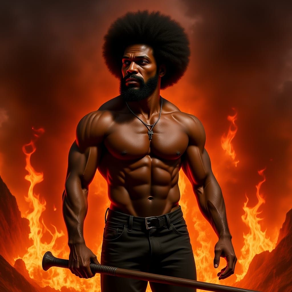 Hyperreal African Man Walking Through Flames