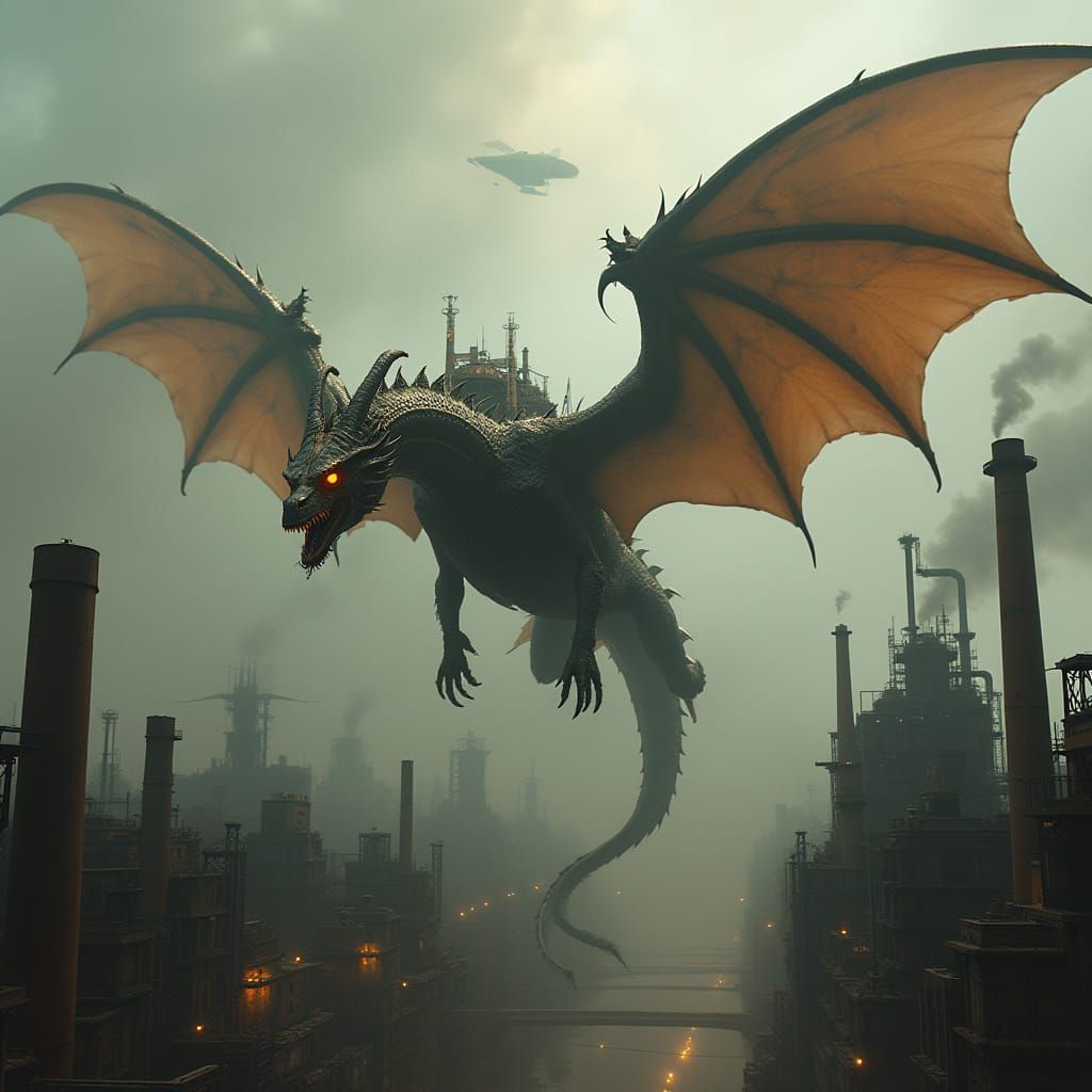 Steampunk Dragon Soaring Over Industrial City