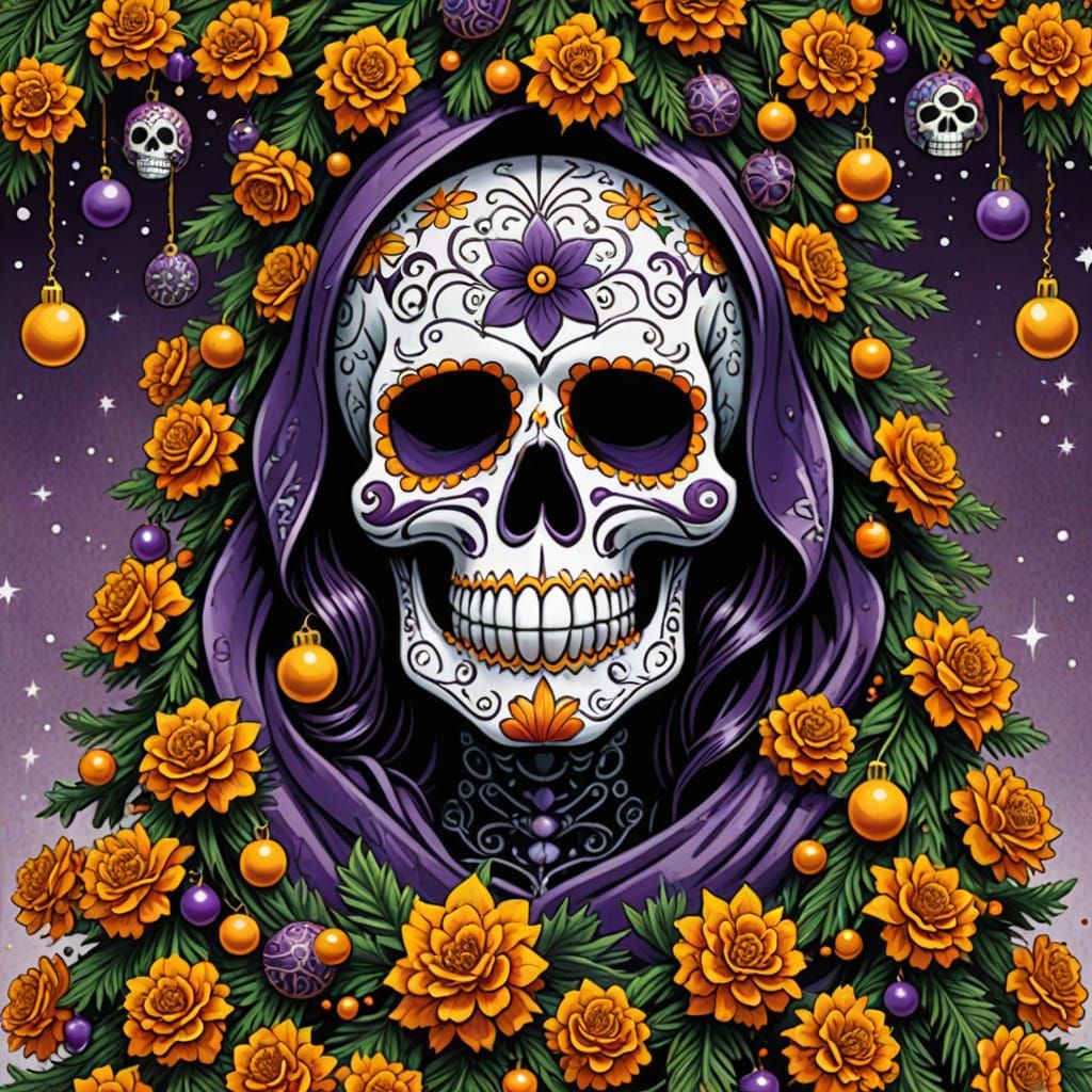 Day of the Dead Christmas Tree in Comic Book Style
