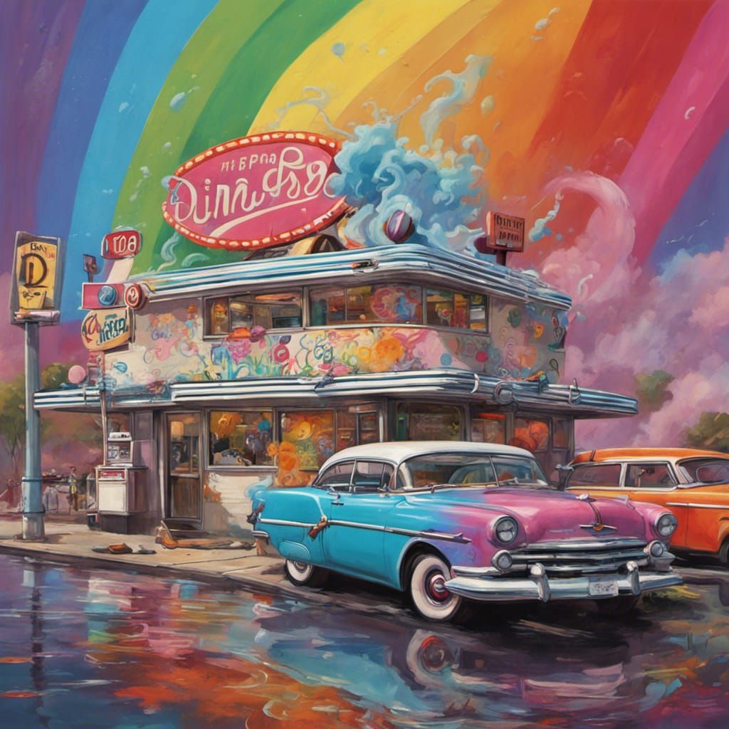 1950s Diner with Rainbows in Graffiti Art Style