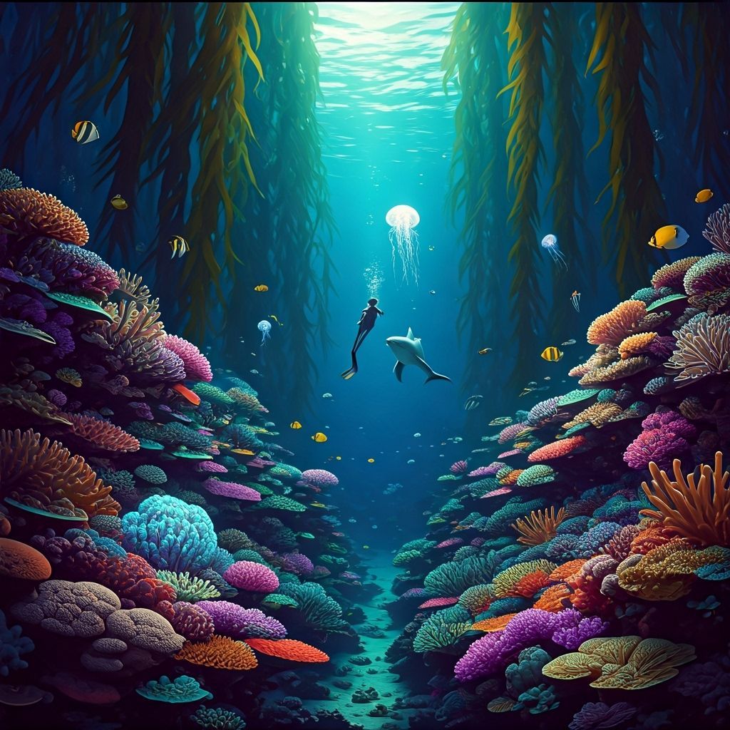 Vibrant Coral Reef Scene with Diver and Dolphin