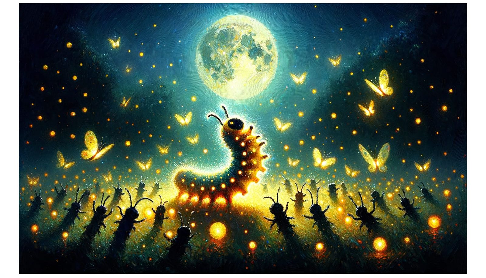 Glowing Caterpillar's Moonlit Dance, Impressionist Style