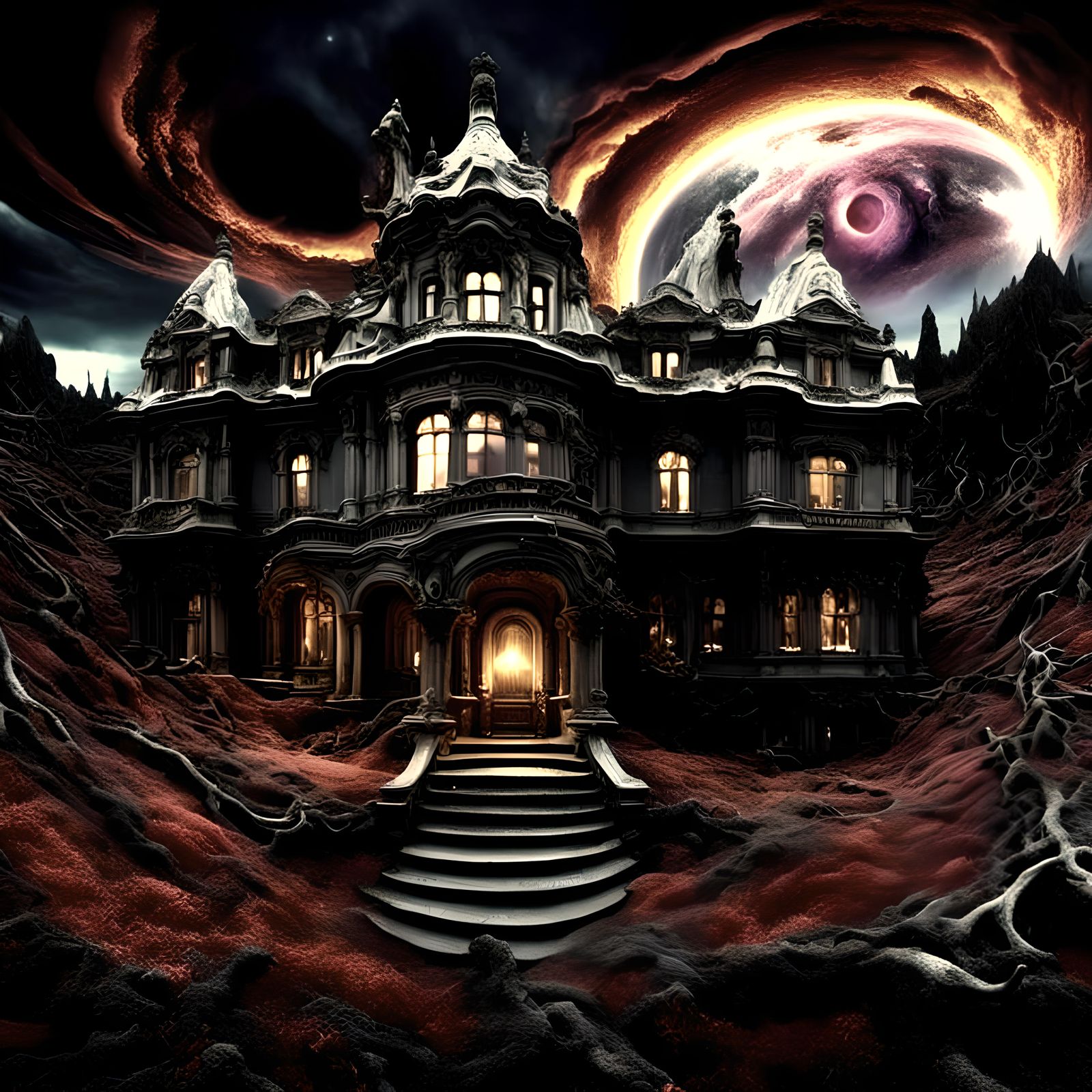 Black Stone Gothic Mansion in Hyperrealism