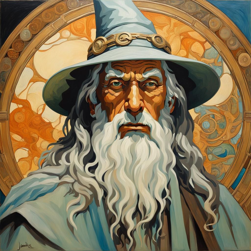 Lord Of The Rings wizard Gandalf head and torso in a modernist Alphonse Mucha painting