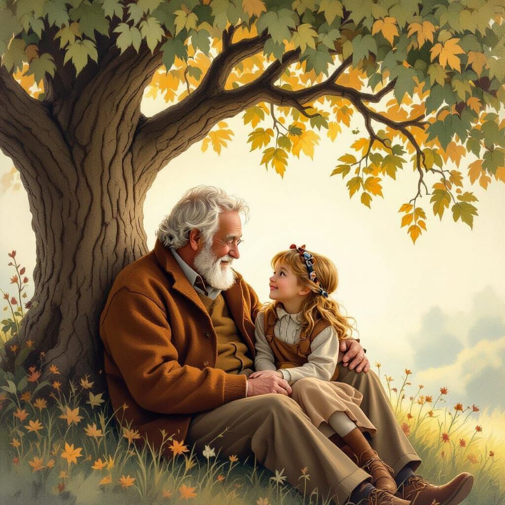Grandfather and Granddaughter Storytime, Illustrated Style