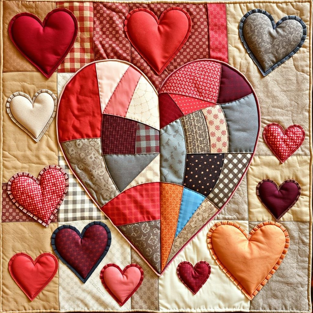 a patchwork artwork of a heart made of quilted fabric, surro...