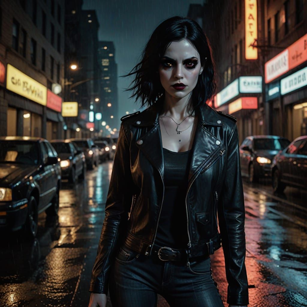 Mysterious Vampire Woman Emerges from Dark Cityscape