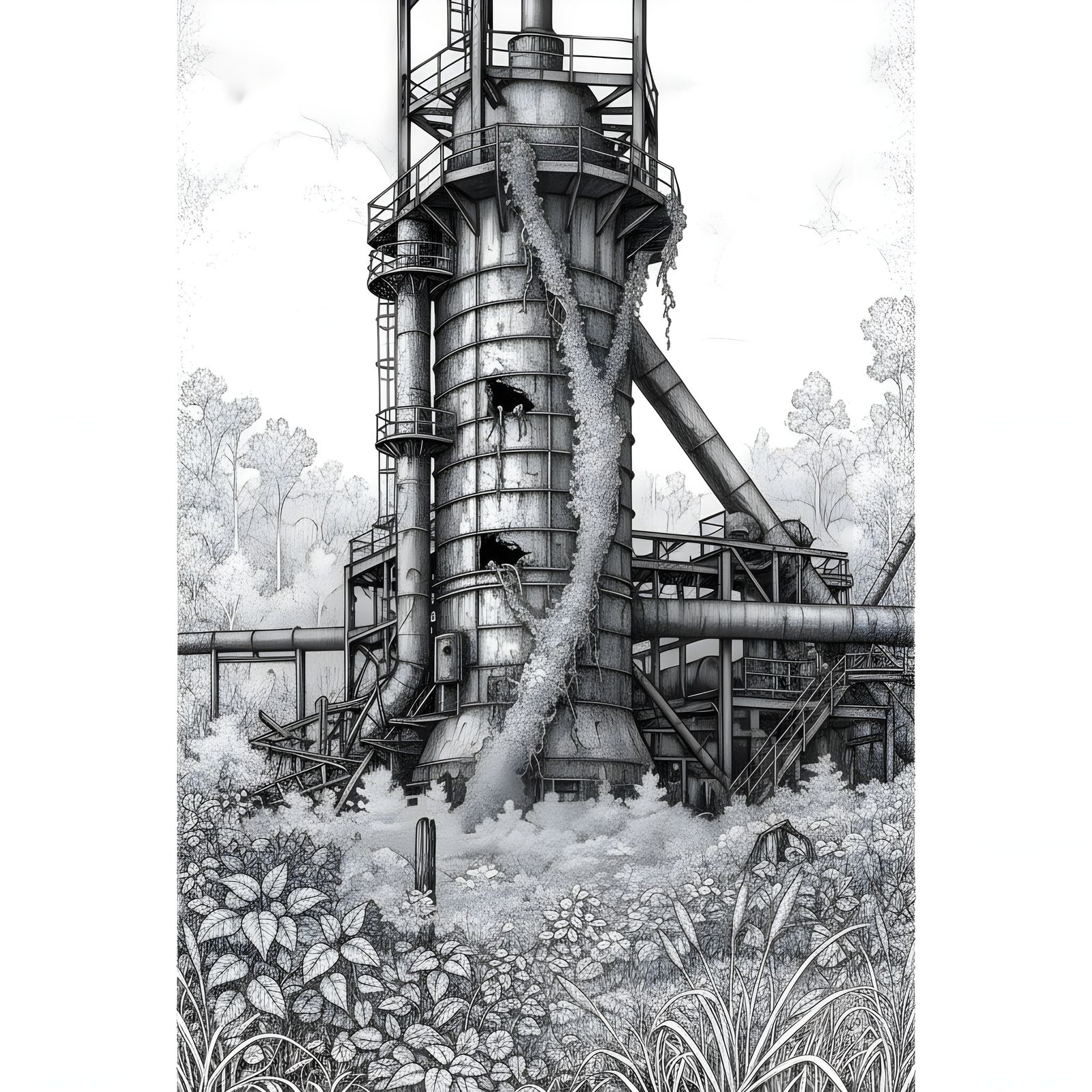 Abandoned Blast Furnace Overgrown with Vegetation Drawing