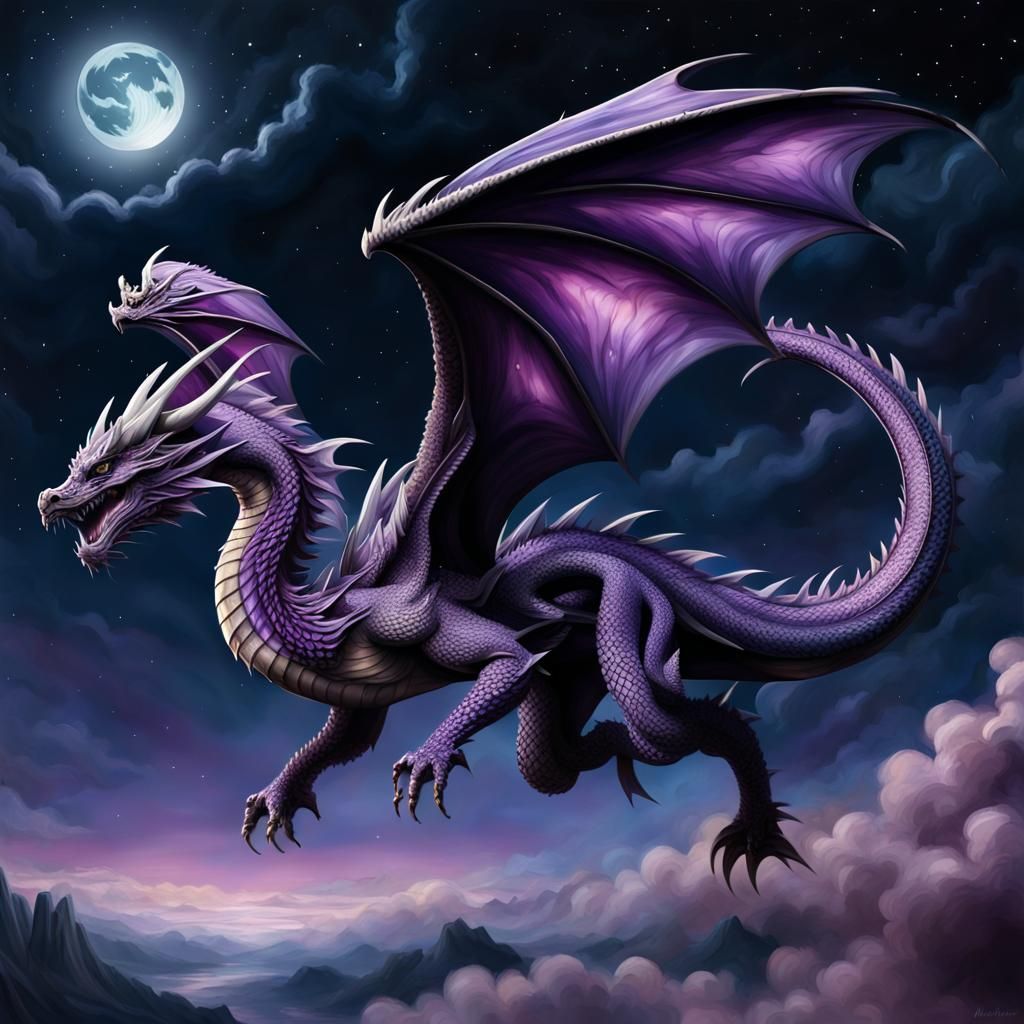 Majestic Dragon Flying in Purple Night Sky