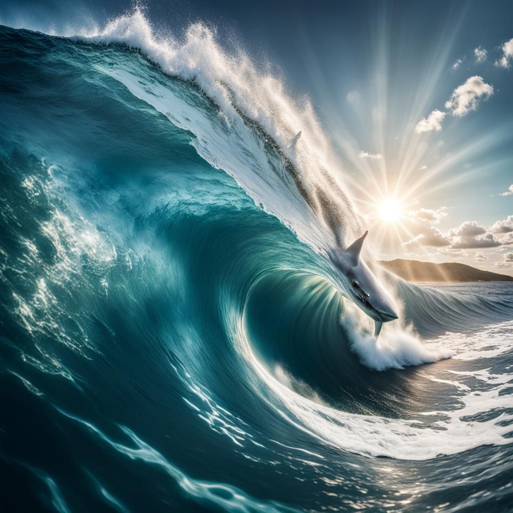 Dramatic Wave and Shark in Clear Ocean