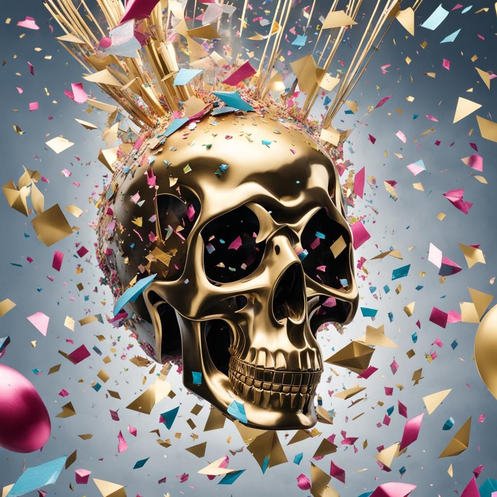 Crystal Skull Confetti Explosion with Golden Arrow