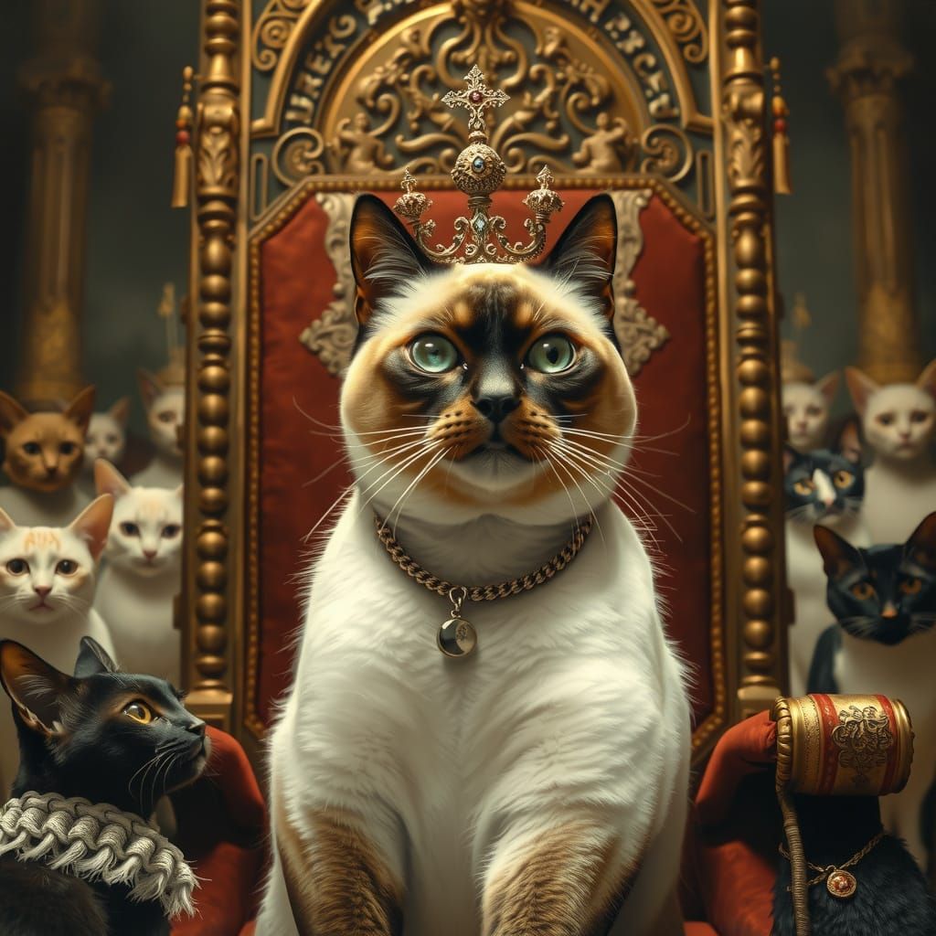 Regal Siamese Cat Queen on Throne in Luxurious Portrait