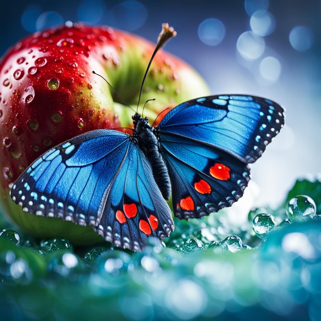 Blue Butterfly on Red Apple, Alphonse Mucha Style