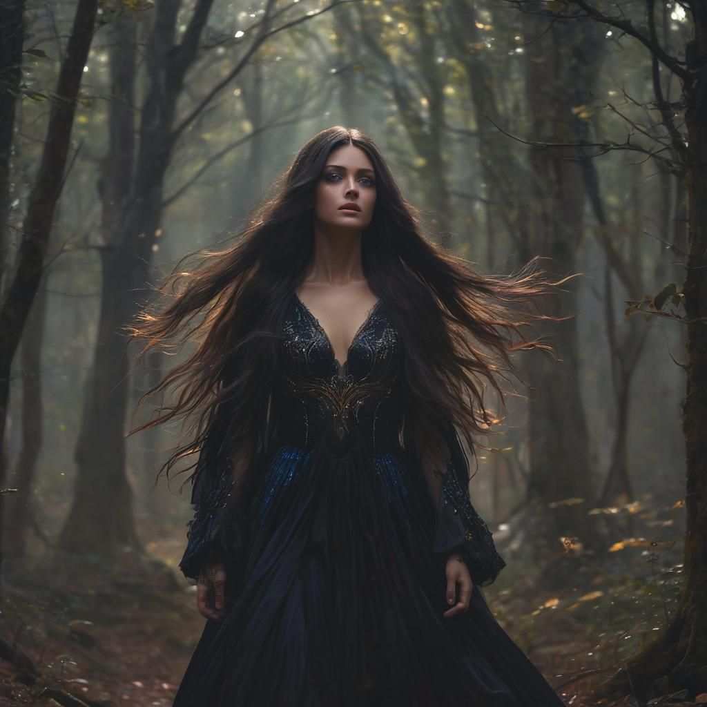 Mysterious Dark Fantasy Woman in Misty Forest