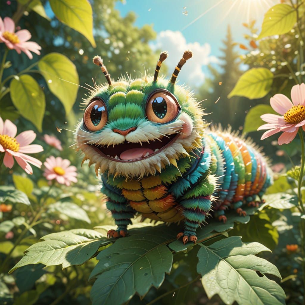 Anime Caterpillar Bouncing on Leaf in Ghibli Style