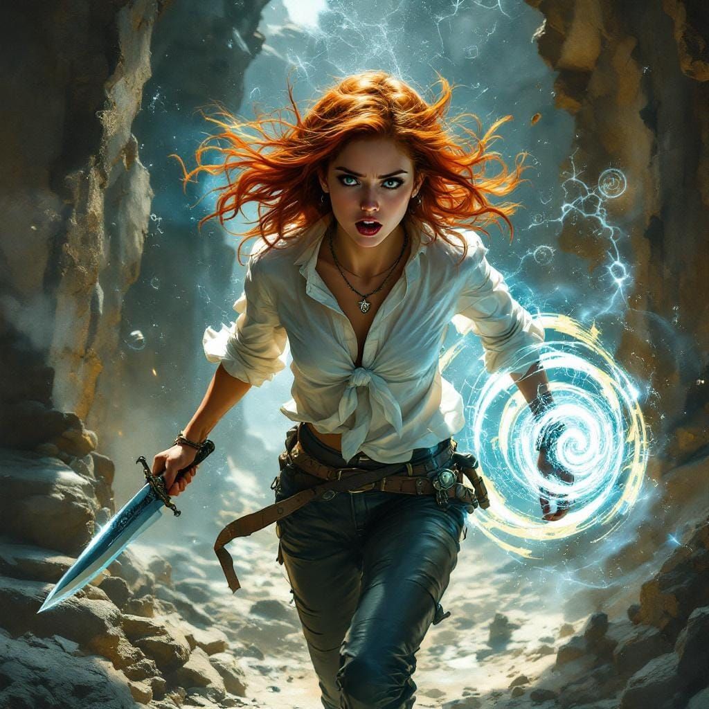 Adventurer Running Through Crumbling Temple with Magic Glyph