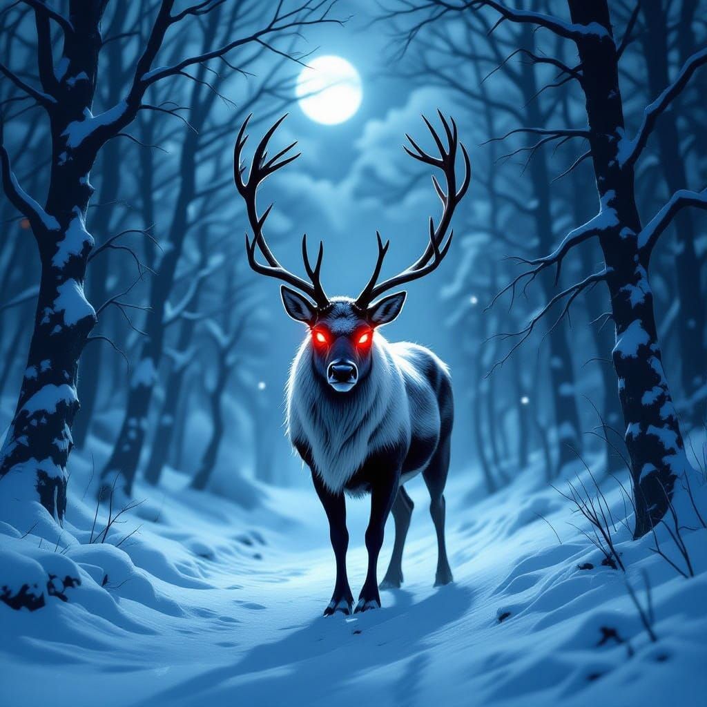 Menacing Reindeer in Dark Forest Blizzard