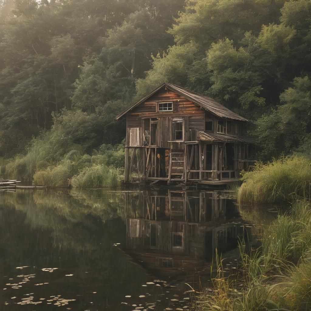 Abandoned Boathouse on Lake Shore in Golden Light