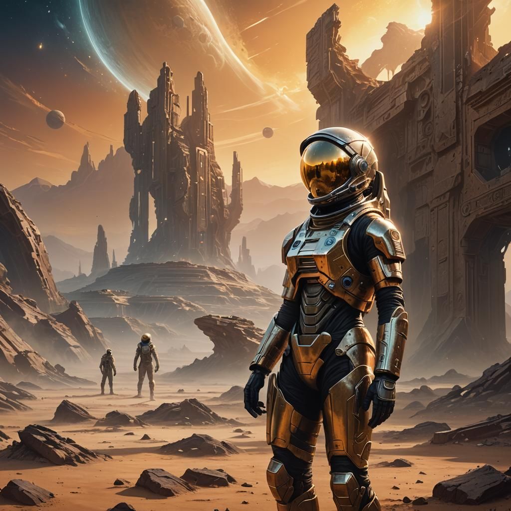 Astronaut on Alien Planet with Ancient Ruins