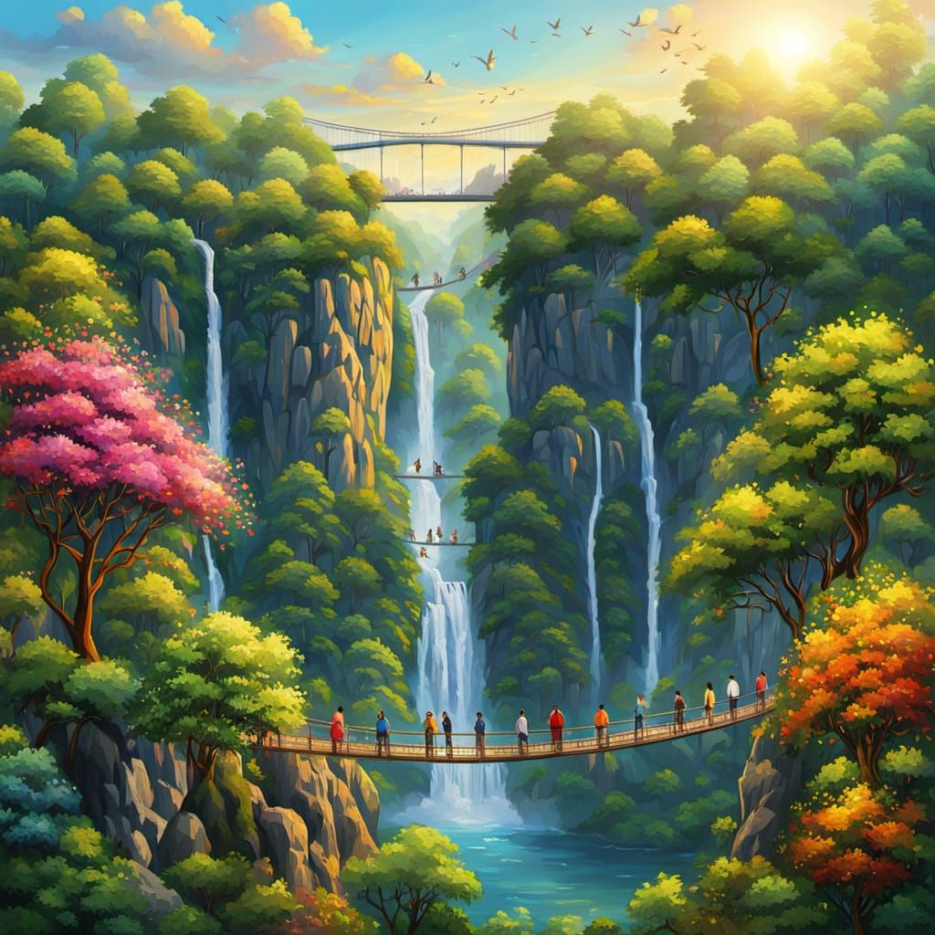 Vibrant Tasmanian Suspension Bridge Landscape in Oil Paintin...