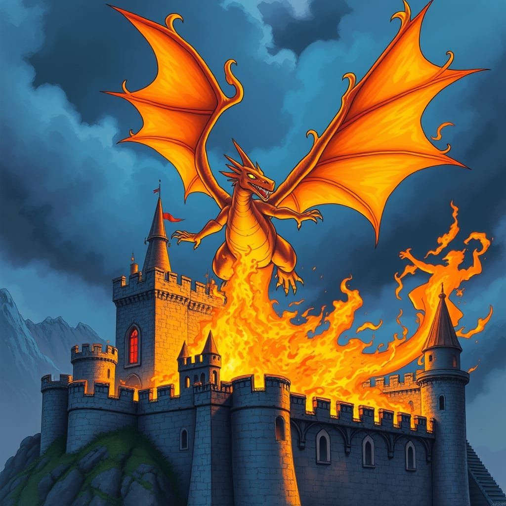 Dragon Soars Above Castle, Unleashing Fiery Blaze