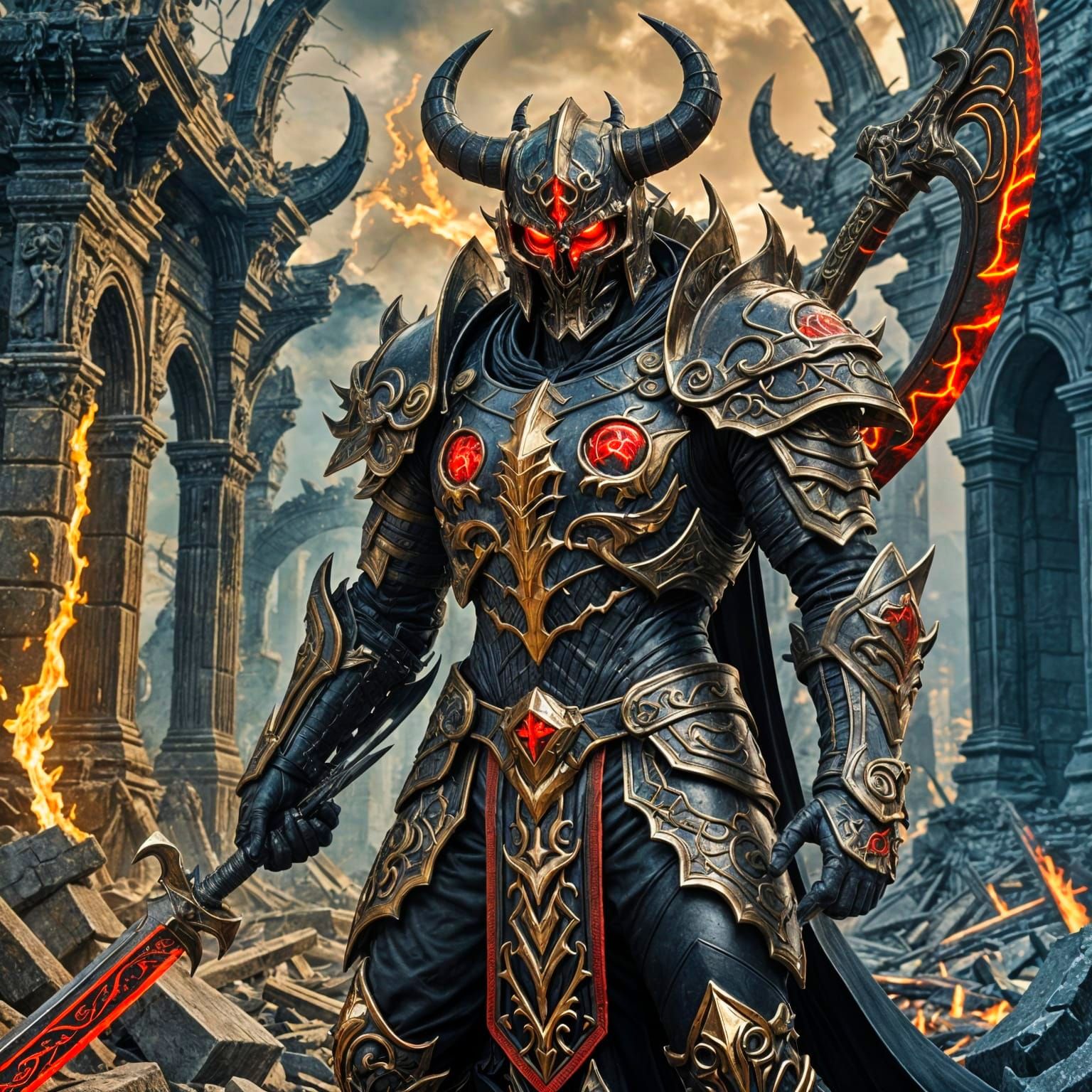 Ominous Demon with Scythe in Detailed Armor