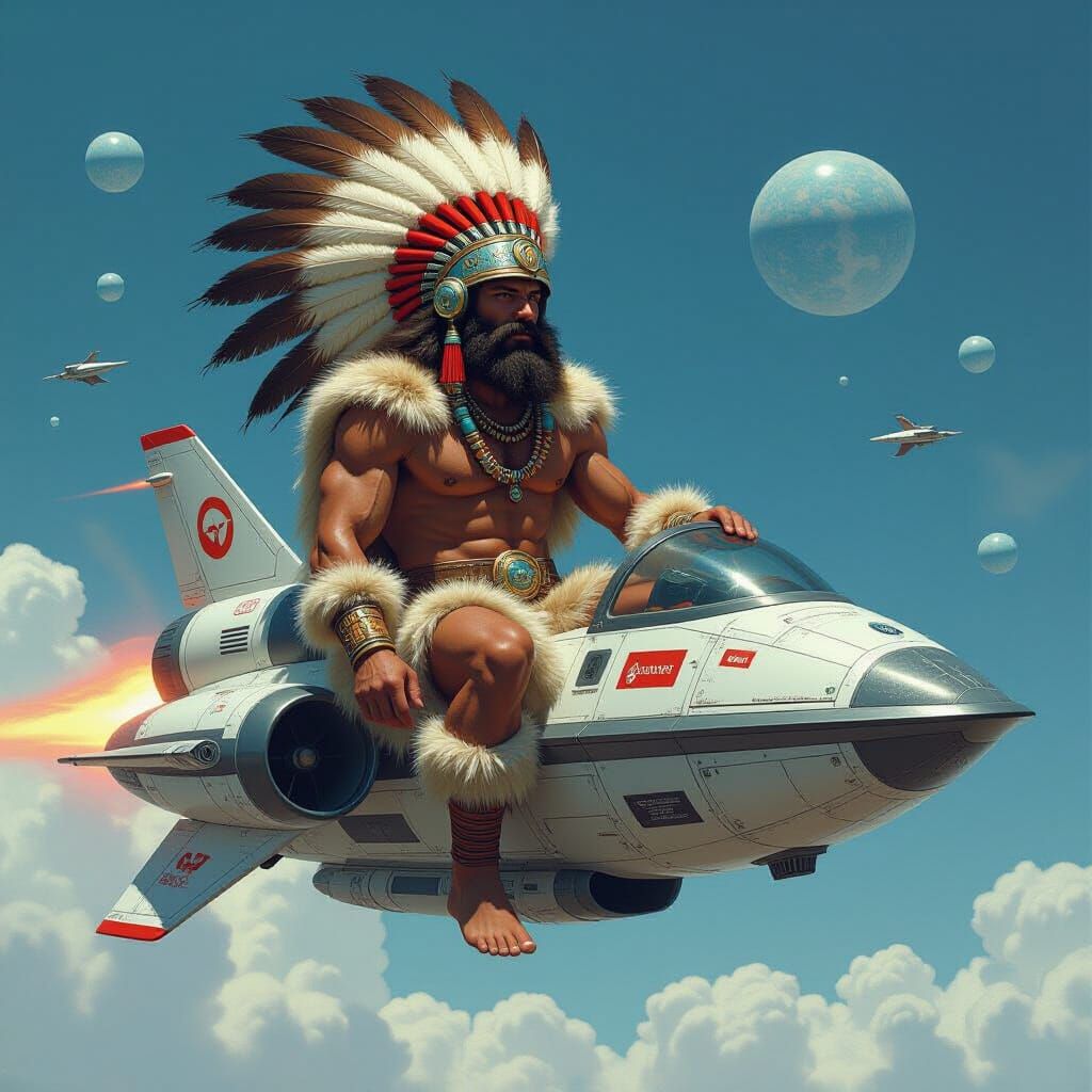 Caveman Astronaut Riding Spaceship in Futuristic Style