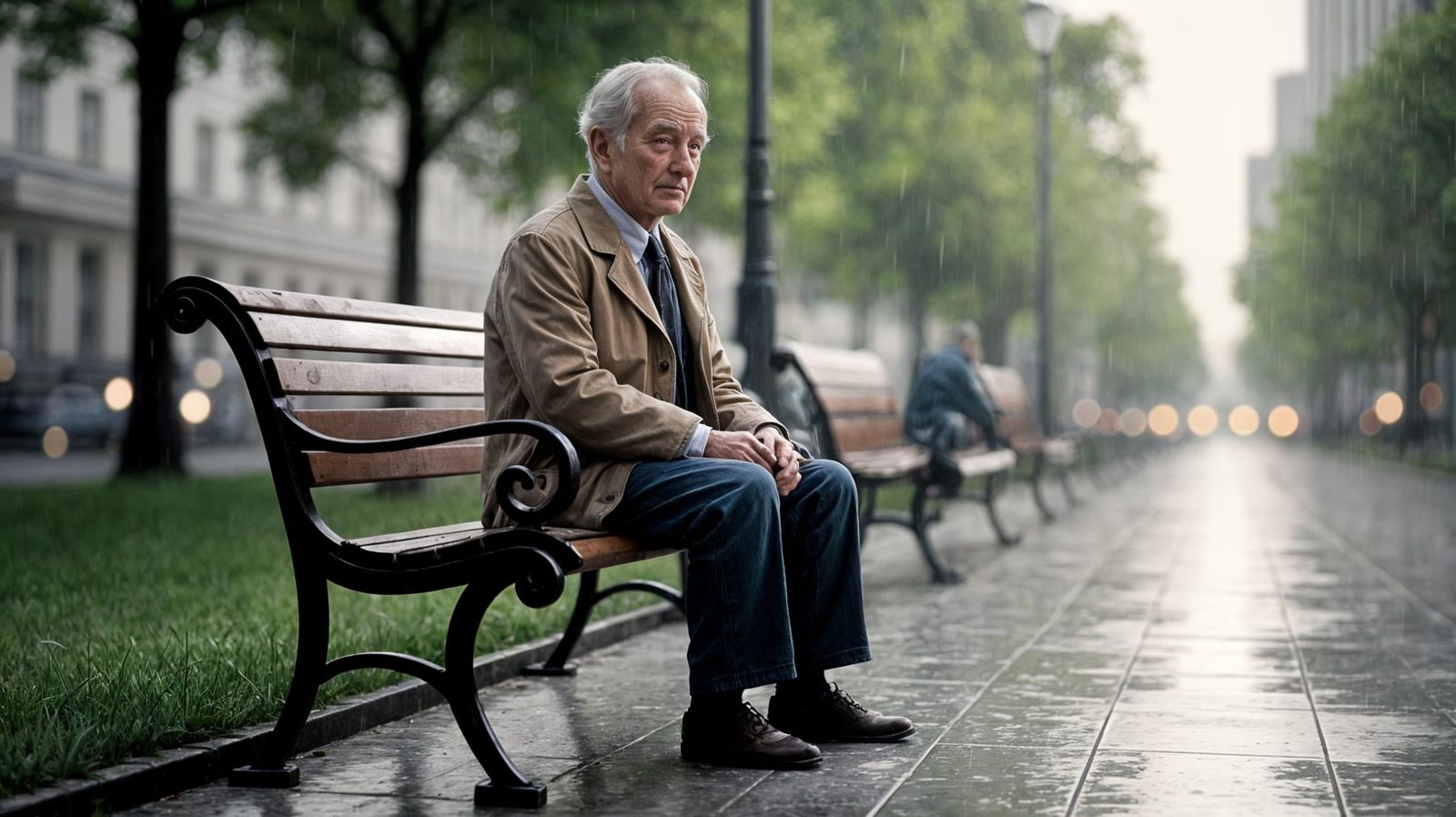 Elderly Man Lost in Thought on Rainy Park Bench