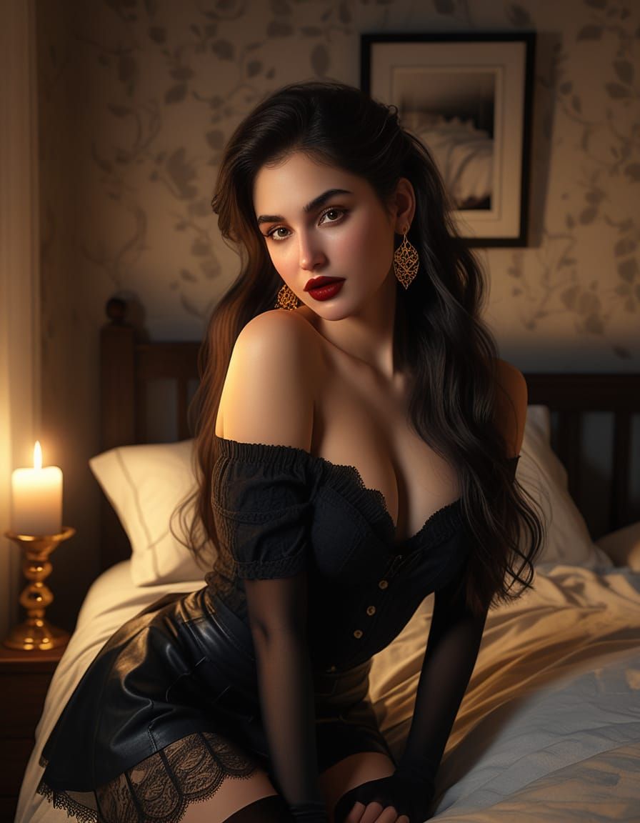 Photorealistic Woman in Bedroom with Golden Hues