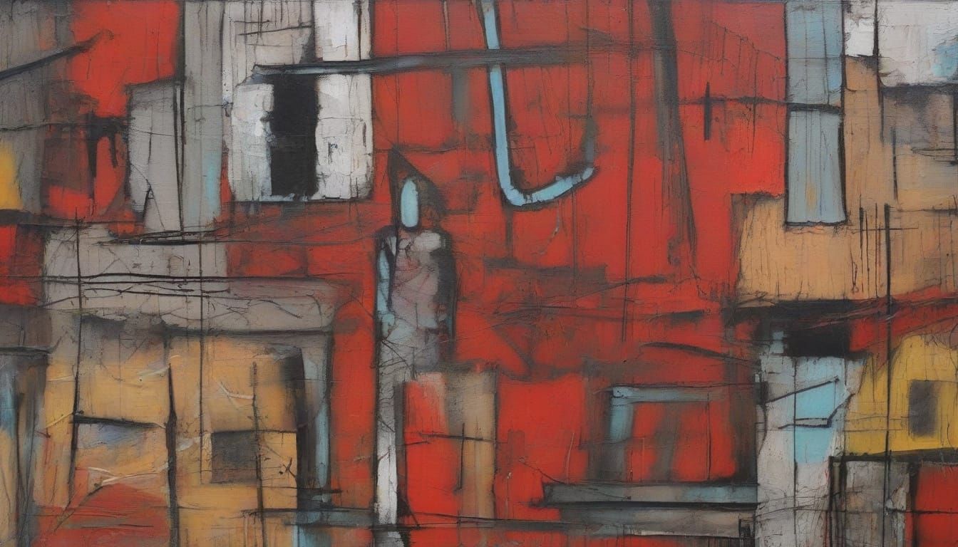 Basquiat-Inspired Neo-Primitivist Boy and Dog in Urban Scene