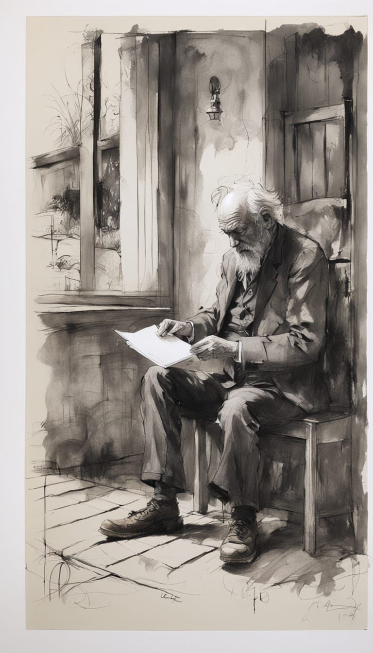 Pencil Drawing: Old Man Reads Letter