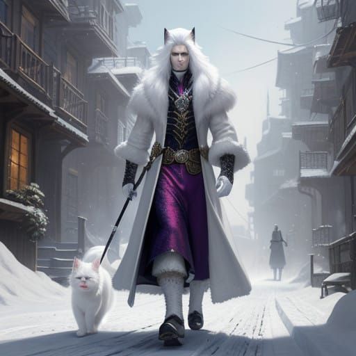 Winter Alley Scene with a Fluffy Cat Holding Coat for a Hair...