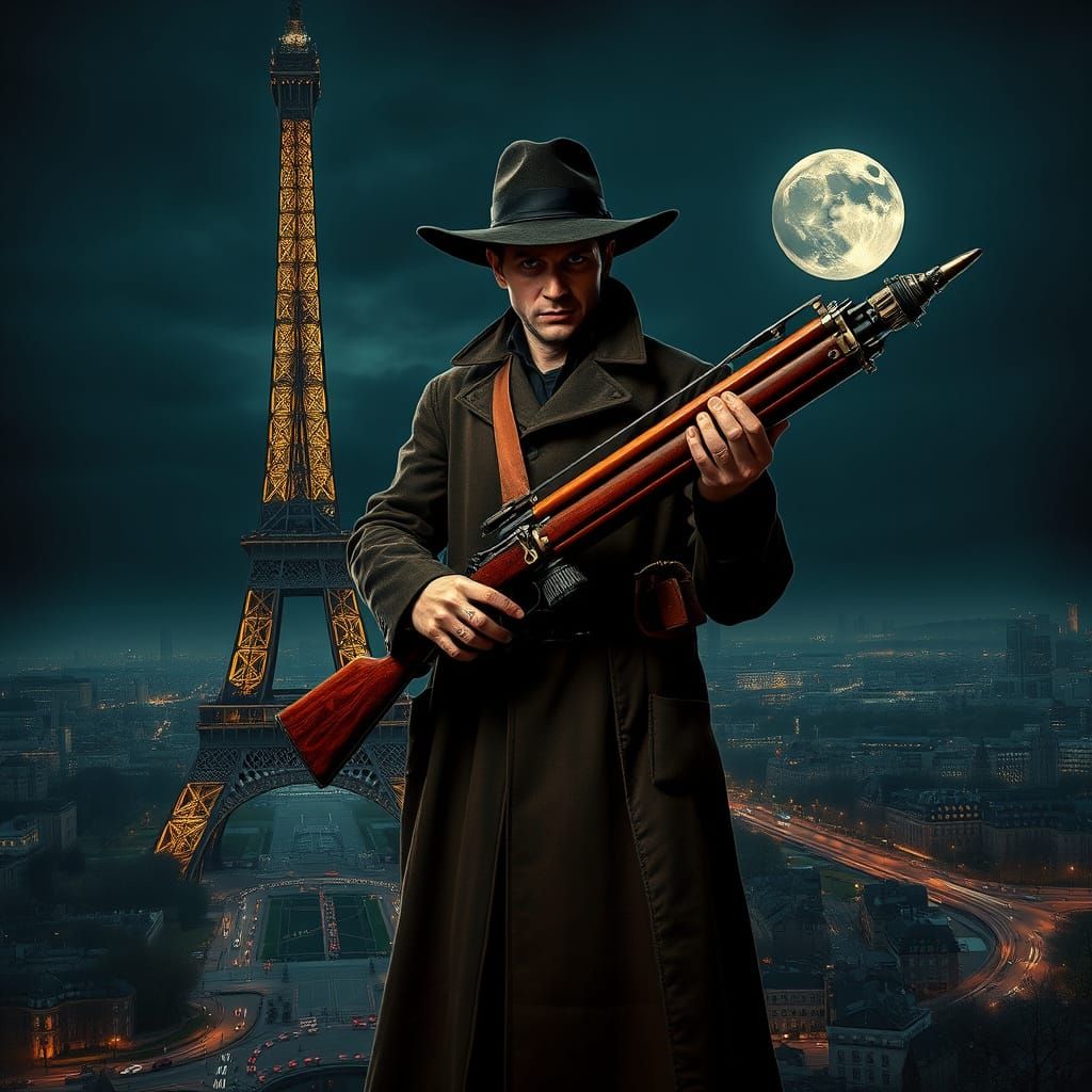 Gothic Van Helsing Confronts the Eiffel Tower at Dusk
