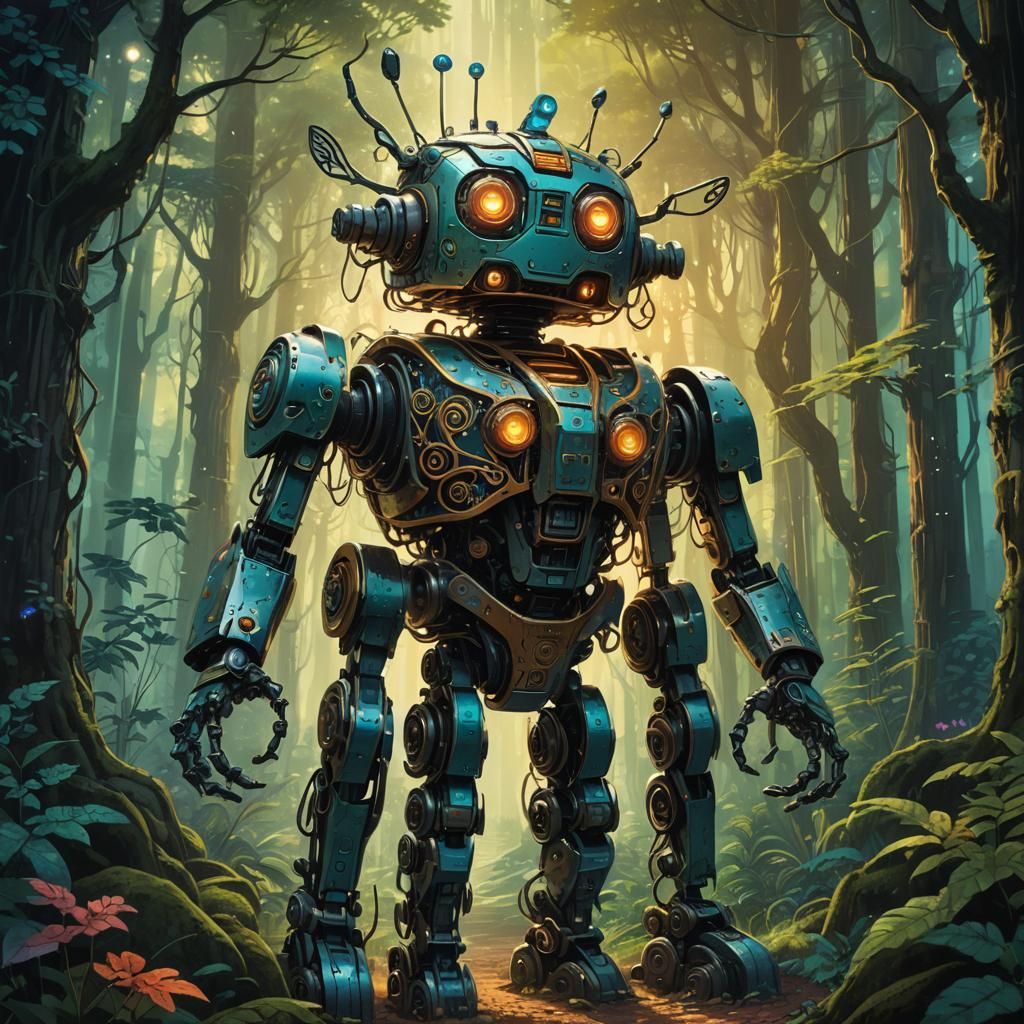 Robot with Gate Head in Mystical Forest